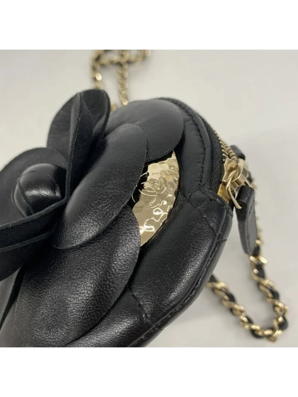 Chanel Shoulder Bag Camellia Lambskin Black Champagne Gold